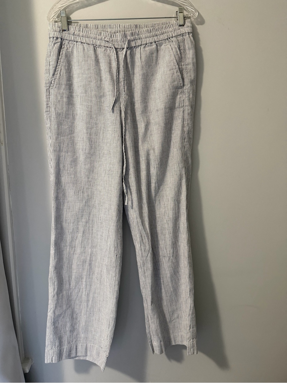 Talbots Linen Blend Wide Leg Pants Drawstring Waist Casual Sz 10P Blue White